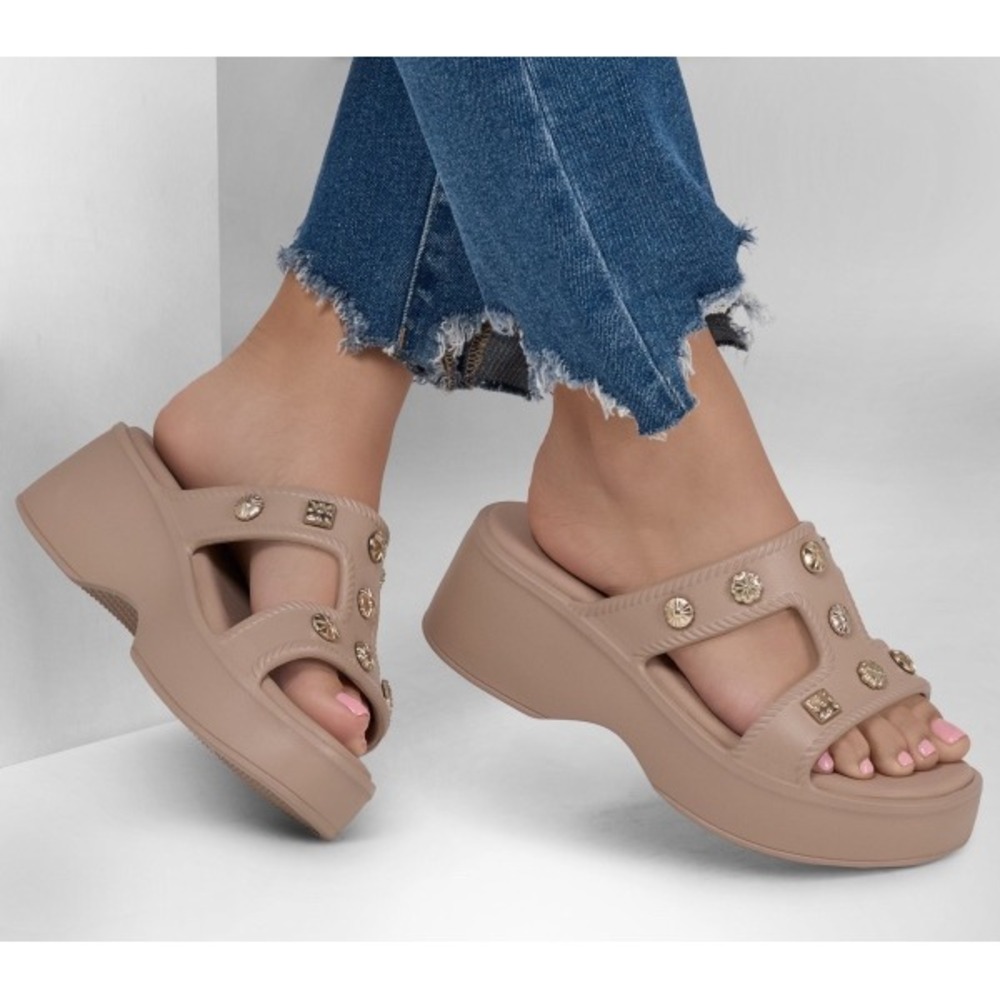Skechers Foamies Mauve Taupe Studded H-Strap Platform Slide Sandals Womens 8